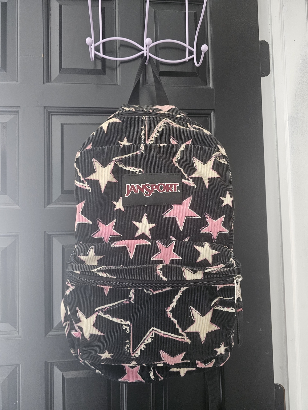 Jansport Black Corduroy Backpack with Pink & Cream Star Print